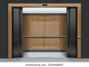 Elevator portal with wooden frame. Vector graphics. dark interior