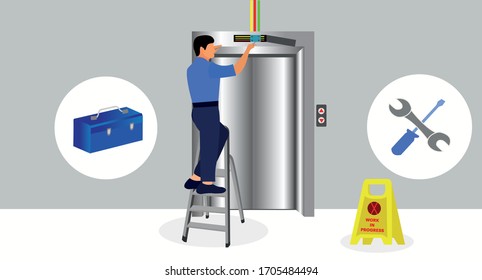 Elevator Repair And Maintenance Broken Lift Servicing Flat Illustration