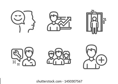 Elevator, Repairman and Success business icons simple set. Good mood, Teamwork and Add person signs. Lift, Repair service. People set. Line elevator icon. Editable stroke. Vector