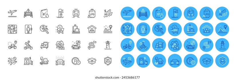 Paquete de iconos de línea de tiempo de ascensor, montaña rusa y estacionamiento. Mudanza de casa, Carrito de inventario, icono de Web de mapa de metro. Bicicleta de reparto, faro, pictograma del cilindro de gas. Lavado de coches, avión de salida. Vector