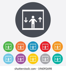 Elevator sign icon. Person symbol with up and down arrows. Round colourful 11 buttons. Vector