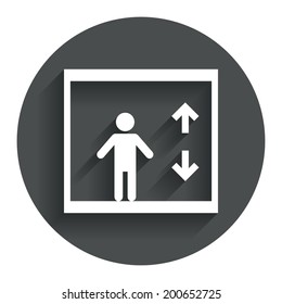 Elevator sign icon. Person symbol with up and down arrows. Circle flat button with shadow. Modern UI website navigation. Vector