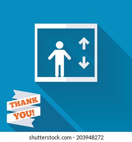Elevator sign icon. Person symbol with up and down arrows. White flat icon with long shadow. Paper ribbon label with Thank you text. Vector