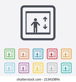 Elevator sign icon. Person symbol with up and down arrows. Round squares buttons with frame. Vector