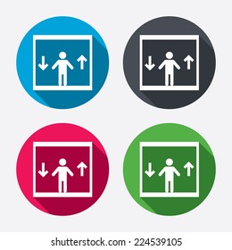 Elevator Sign Icon. Person Symbol With Up And Down Arrows. Circle Buttons With Long Shadow. 4 Icons Set. Vector
