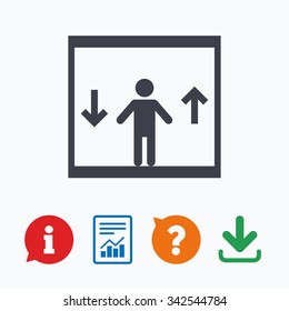 Elevator sign icon. Person symbol with up and down arrows. Information think bubble, question mark, download and report.