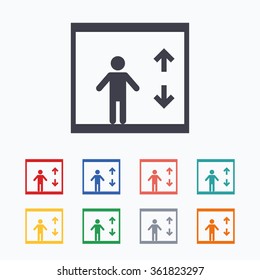 Elevator sign icon. Person symbol with up and down arrows. Colored flat icons on white background.
