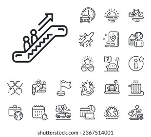 Höhenruderzeichen. Rahmensymbole für Flugzeuge, Reisepläne und Gepäckstücke. Eskalator-Zeilensymbol. Symbol der Treppe beim Einkaufen. Eskalator-Zeilenzeichen. Autovermietung, Taxi-Transportsymbol. Ort platzieren. Vektorgrafik