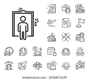 Elevator sign. Plane jet, travel map and baggage claim outline icons. Lift line icon. Transportation between floors symbol. Elevator line sign. Car rental, taxi transport icon. Place location. Vector