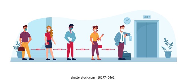 Elevator Social Distance, People In Masks In Queue To Office, Vector Flat. Public Places And Work Social Distance Line, Coronavirus Covid Protection Measures And Public Health Safety In Lift