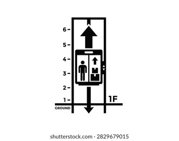 Elevator System Schematic Silhouette Icon Showing Vertical Shaft with Floors Ground to Sixth Level Elevator Car with Passenger and Cargo Upward and Downward Arrows for Building Transport Engineering and Architecture Design