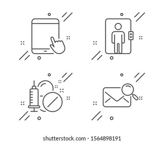 Elevator, Tablet pc and Medical drugs line icons set. Search mail sign. Office transportation, Touchscreen gadget, Medicine pills. Find letter. Business set. Line elevator outline icon. Vector