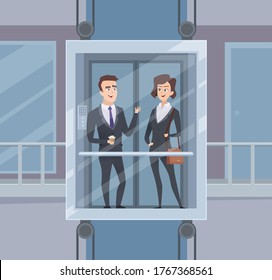 Elevator talk. Businessmen dialogue in elevator business conversation vector cartoon characters