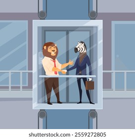 elevator talking. business people with animals heads standing in business glass elevator