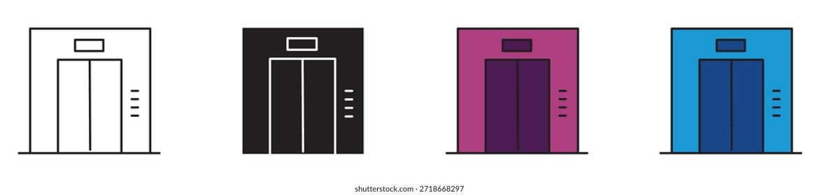 Movimiento de transporte de ascensor arriba abajo cabina ascensor control de la puerta conjunto de iconos, Ilustración vectorial .