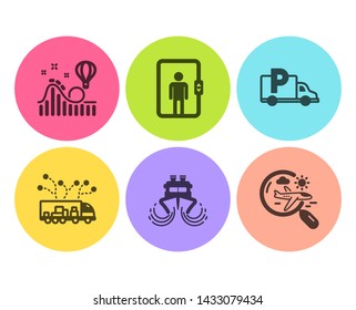 Elevator, Truck delivery and Truck parking icons simple set. Roller coaster, Ship and Search flight signs. Office transportation, Logistics. Transportation set. Flat elevator icon. Circle button
