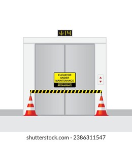 Elevator under maintenance vector illustration. Sign, cone and barricade tape in front of lift door unit.