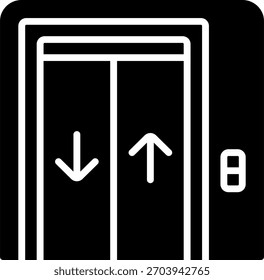 Projeto de vetor de elevador em estilo moderno, serviço de elevador do hotel e conceito de mobilidade de hóspedes, ilustração de instalações de hospitalidade. Ícone de Glifo