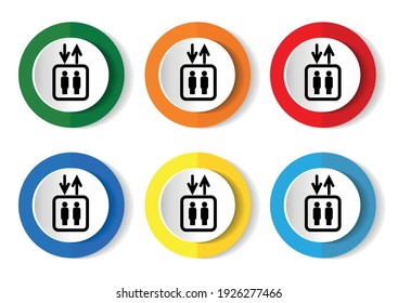 Elevator, elevator vector icons, set of round buttons in 6 color options for web design and mobile apps