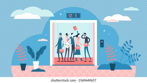 Elevator vector illustration. Flat tiny daily work path persons concept. Everyday staircase alternative option to get upstairs levels. Public employee inside building upsides transportation scene.