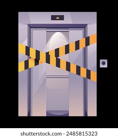 Elevator with yellow tape crime scene concept. Vector graphic design element illustration