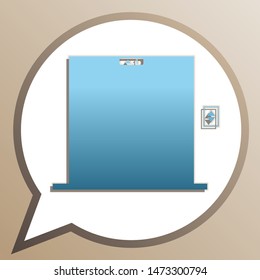 Elevators door sign. Bright cerulean icon in white speech balloon at pale taupe background. Illustration.
