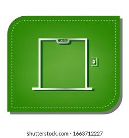 Elevators door sign. Silver gradient line icon with dark green shadow at ecological patched green leaf. Illustration.