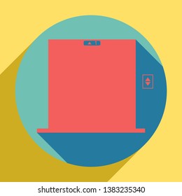 Elevators door sign. Sunset orange icon with llapis lazuli shadow inside medium aquamarine circle with different goldenrod shadow at royal yellow background.