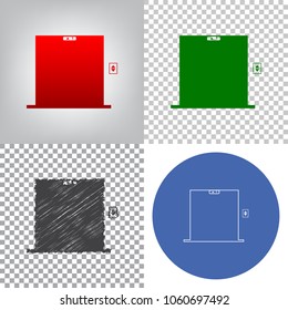 Elevators door sign. Vector. 4 styles. Red gradient in radial lighted background, green flat and gray scribble icons on transparent and linear one in blue circle.
