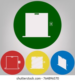 Elevators door sign. Vector. 4 white styles of icon at 4 colored circles on light gray background.