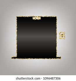 Elevators door sign. Vector. Blackish icon with golden stars at grayish background.