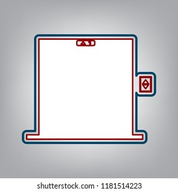 Elevators door sign. Vector. Dark red, transparent and midnight green stroke of white icon at grayish background.