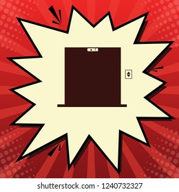 Elevators door sign. Vector. Dark red icon in lemon chiffon shutter bubble at red popart background with rays.