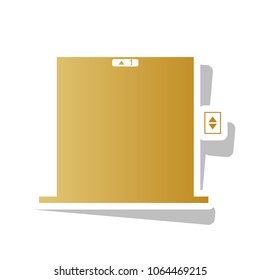 Elevators door sign. Vector. Golden gradient icon with white contour and rotated gray shadow at white background.