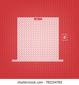 Elevators door sign. Vector. Knitted white icon on a red knitted background.