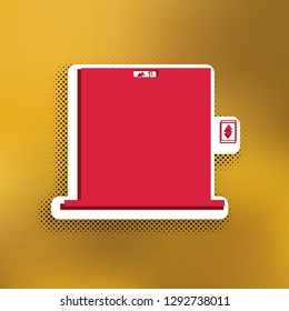 Elevators door sign. Vector. Magenta icon with darker shadow, white sticker and black pop art shadow on golden background.