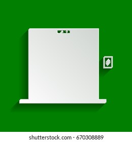 Elevators door sign. Vector. Paper whitish icon with soft shadow on green background.