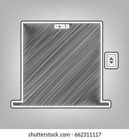 Elevators door sign. Vector. Pencil sketch imitation. Dark gray scribble icon with dark gray outer contour at gray background.