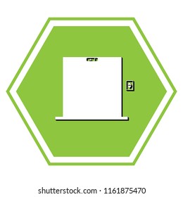 Elevators door sign. Vector. White icon with black shadow at yellow green honeycomb on white background.