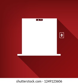 Elevators door sign. Vector. White icon with limitless shadow at ruby red background.