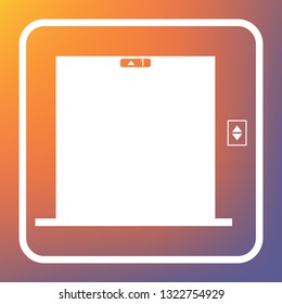 Elevators door sign. Vector. White icon on transparent button at orange-violet gradient background.