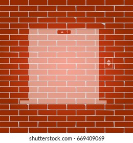 Elevators door sign. Vector. Whitish icon on brick wall as background.