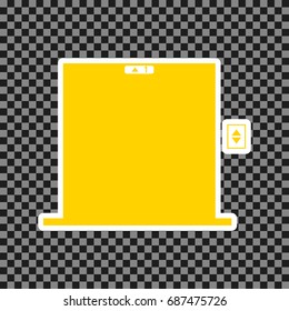 Elevators door sign. Vector. Yellow icon with white contour on dark transparent background.