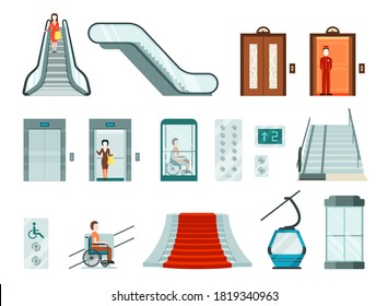 Elevators and lifts set. Wheelchair lifts electric cable car modern stair lifts used in metro shopping malls high airport stairs moving steps special stylish glass metal design. Vector move clipart.