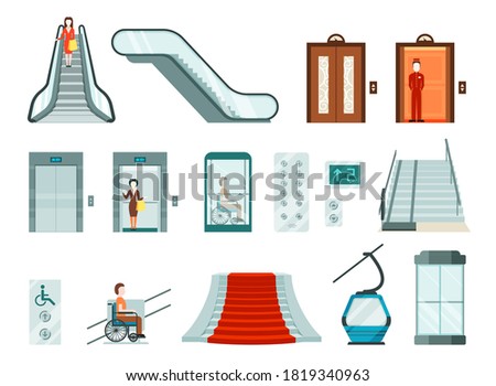 Elevators and lifts set. Wheelchair lifts electric cable car modern stair lifts used in metro shopping malls high airport stairs moving steps special stylish glass metal design. Vector move clipart.