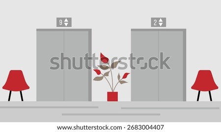 Elevators in Office Building with Chairs and Flower Decoration. Official premises of hotel, hospital or other institution hallway vector art