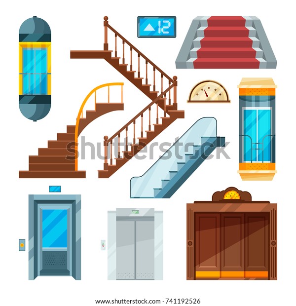 エレベーターと階段のスタイルが違う カートーンスタイルのリフトメカニズム エレベーターとリフト 階段とエスカレーター ベクターイラスト のベクター画像素材 ロイヤリティフリー
