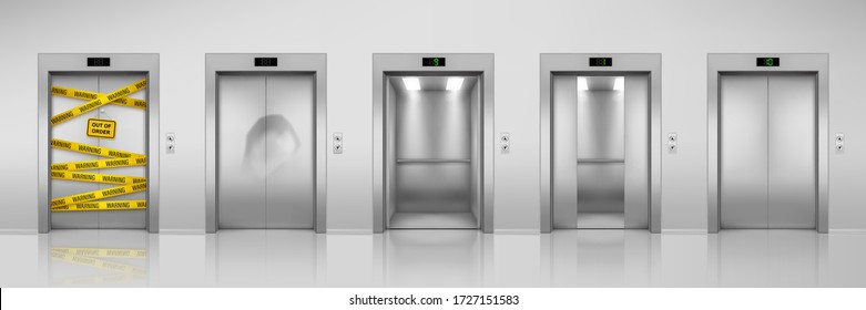 Elevators, Vector Realistic Design With Closed, Open, Half Closed And Dent Broken Doors. Chrome Metal Office Building Elevator Or Lift Doors With Out Of Order Warning Sign And Yellow Caution Tape