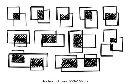 Eleven abstract hand drawn shapes made up of intersecting quadrilaterals with shaded areas. Vector set