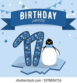 Eleven birthday party invitation. Postcard with boy penguin in blue colors.